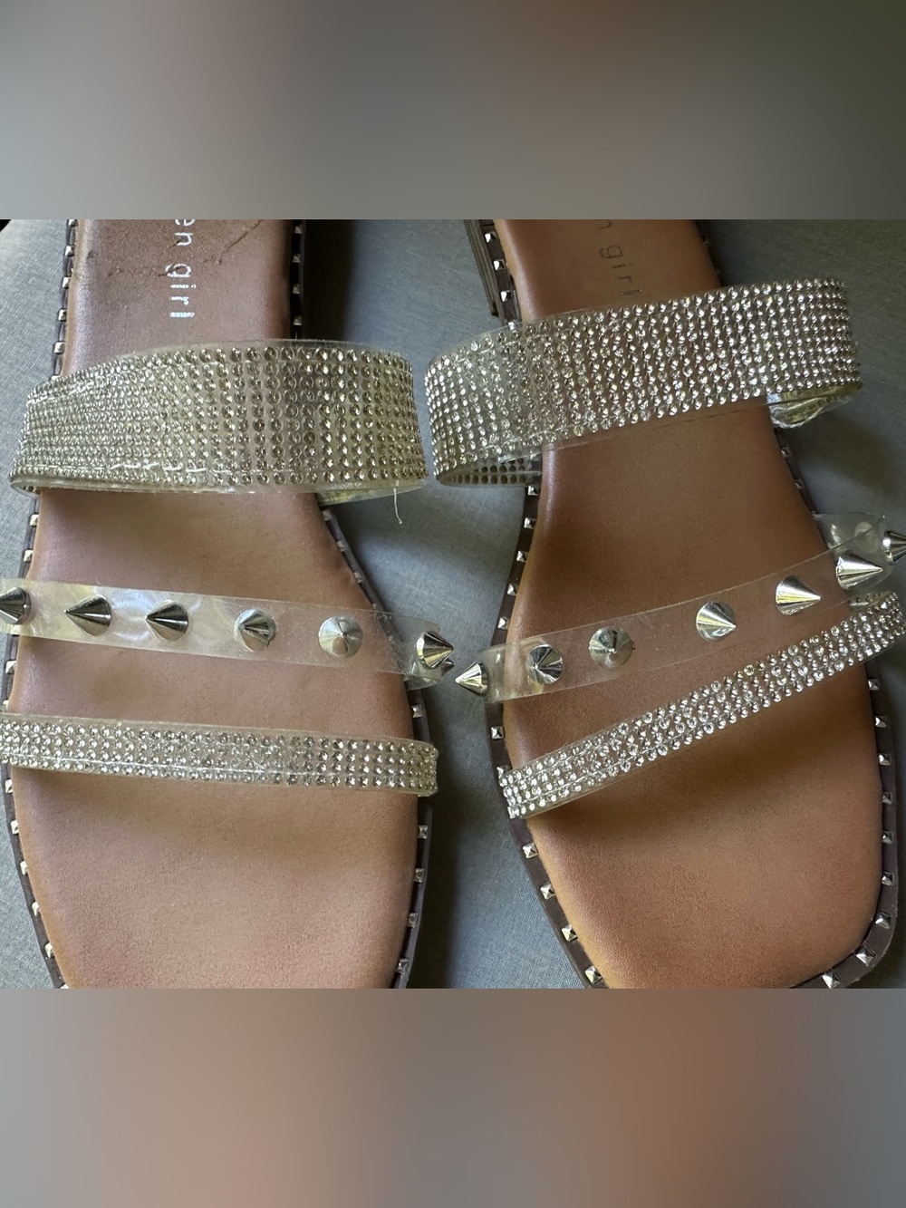 Madden Girl Clear Rhinestone & Stud Slide Sandals - Tan